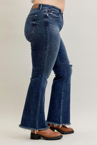 Judy Blue Mid Rise Destroy & Fray Hem Tall/Long Flare Denim Jeans 82681