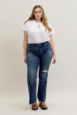 Judy Blue Mid Rise Destroy & Fray Hem Tall/Long Flare Denim Jeans 82681