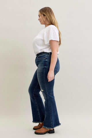 Judy Blue Mid Rise Destroy & Fray Hem Tall/Long Flare Denim Jeans 82681