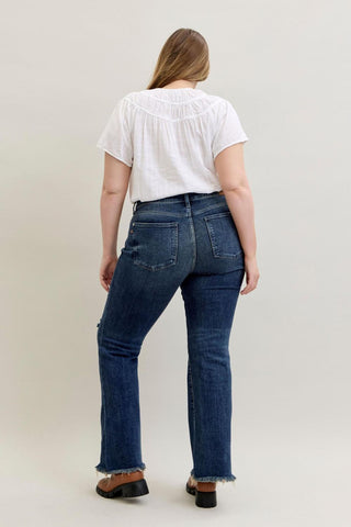 Judy Blue Mid Rise Destroy & Fray Hem Tall/Long Flare Denim Jeans 82681