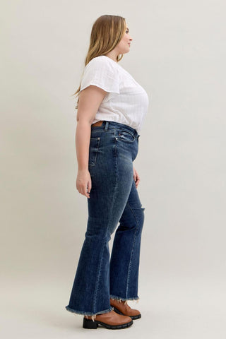 Judy Blue Mid Rise Destroy & Fray Hem Tall/Long Flare Denim Jeans 82681