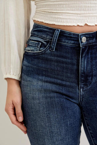 Judy Blue Mid Rise Destroy & Fray Hem Tall/Long Flare Denim Jeans 82681