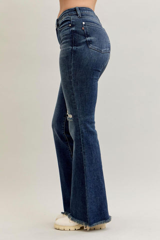 Judy Blue Mid Rise Destroy & Fray Hem Tall/Long Flare Denim Jeans 82681
