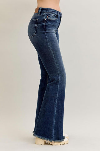 Judy Blue Mid Rise Destroy & Fray Hem Tall/Long Flare Denim Jeans 82681