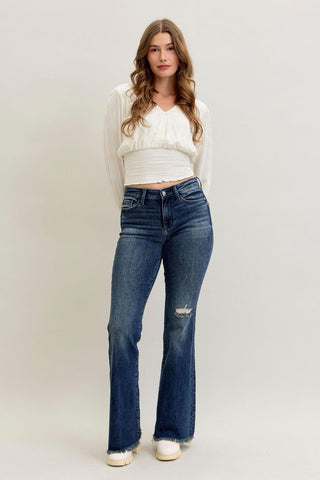 Judy Blue Mid Rise Destroy & Fray Hem Tall/Long Flare Denim Jeans 82681