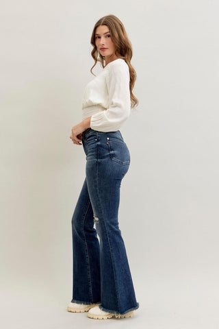 Judy Blue Mid Rise Destroy & Fray Hem Tall/Long Flare Denim Jeans 82681