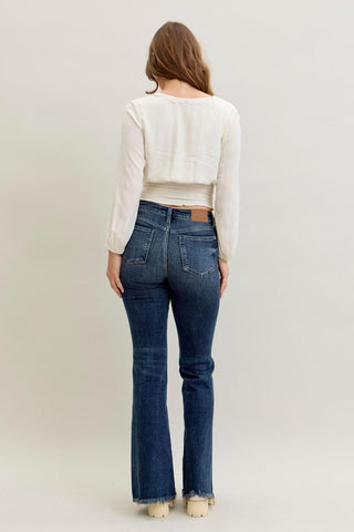 Judy Blue Mid Rise Destroy & Fray Hem Tall/Long Flare Denim Jeans 82681