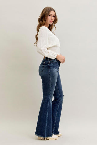 Judy Blue Mid Rise Destroy & Fray Hem Tall/Long Flare Denim Jeans 82681
