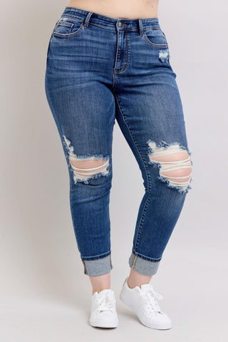 Judy Blue Mid Rise Destroy, Yoke Pocket, Faux Selvedge Boyfriend Denim Jeans 82647