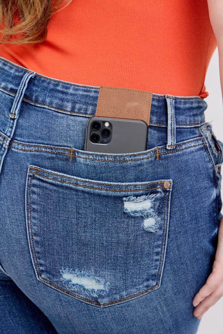 Judy Blue Mid Rise Destroy, Yoke Pocket, Faux Selvedge Boyfriend Denim Jeans 82647