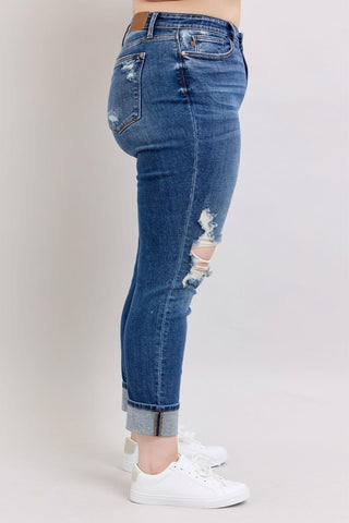 Judy Blue Mid Rise Destroy, Yoke Pocket, Faux Selvedge Boyfriend Denim Jeans 82647