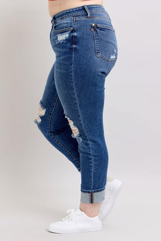 Judy Blue Mid Rise Destroy, Yoke Pocket, Faux Selvedge Boyfriend Denim Jeans 82647