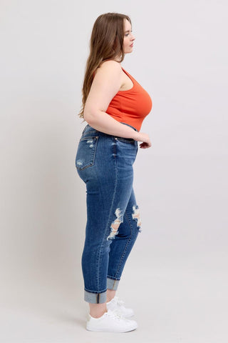 Judy Blue Mid Rise Destroy, Yoke Pocket, Faux Selvedge Boyfriend Denim Jeans 82647