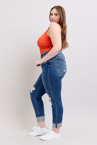 Judy Blue Mid Rise Destroy, Yoke Pocket, Faux Selvedge Boyfriend Denim Jeans 82647