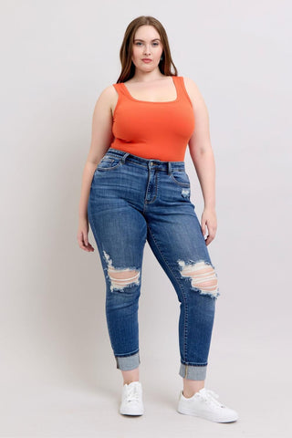 Judy Blue Mid Rise Destroy, Yoke Pocket, Faux Selvedge Boyfriend Denim Jeans 82647