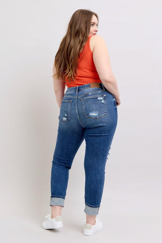 Judy Blue Mid Rise Destroy, Yoke Pocket, Faux Selvedge Boyfriend Denim Jeans 82647