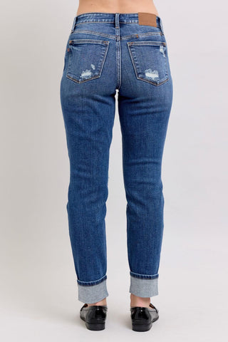 Judy Blue Mid Rise Destroy, Yoke Pocket, Faux Selvedge Boyfriend Denim Jeans 82647