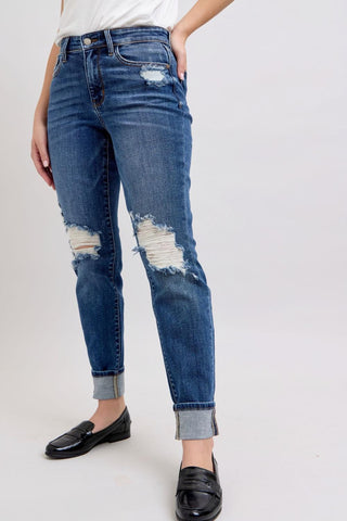 Judy Blue Mid Rise Destroy, Yoke Pocket, Faux Selvedge Boyfriend Denim Jeans 82647