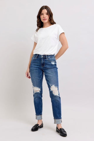 Judy Blue Mid Rise Destroy, Yoke Pocket, Faux Selvedge Boyfriend Denim Jeans 82647