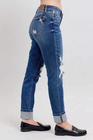 Judy Blue Mid Rise Destroy, Yoke Pocket, Faux Selvedge Boyfriend Denim Jeans 82647