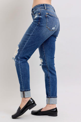 Judy Blue Mid Rise Destroy, Yoke Pocket, Faux Selvedge Boyfriend Denim Jeans 82647