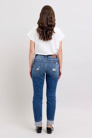 Judy Blue Mid Rise Destroy, Yoke Pocket, Faux Selvedge Boyfriend Denim Jeans 82647