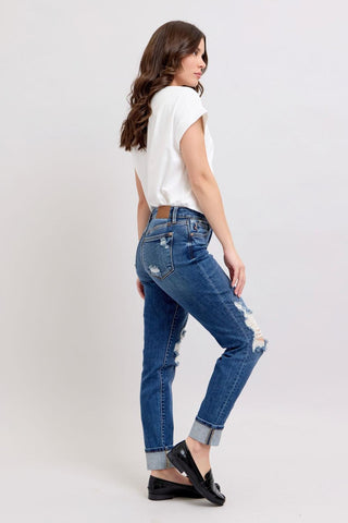 Judy Blue Mid Rise Destroy, Yoke Pocket, Faux Selvedge Boyfriend Denim Jeans 82647