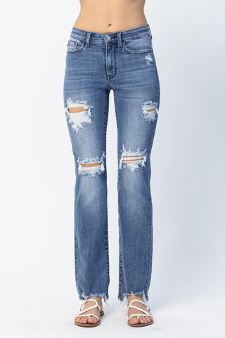 Judy Blue Mid Rise Destroyed Straight Denim Jeans 82425