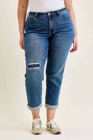 Judy Blue Mid Rise Embroidered Repair Patch Boyfriend Denim Jeans 881071