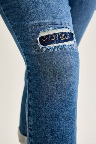 Judy Blue Mid Rise Embroidered Repair Patch Boyfriend Denim Jeans 881071
