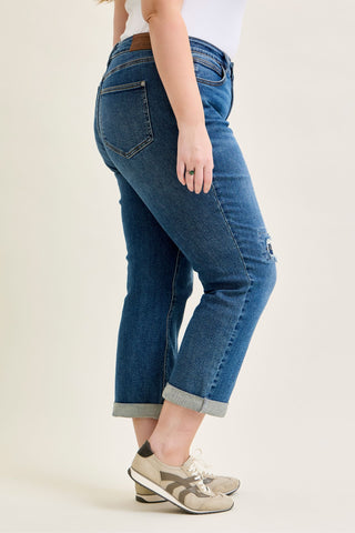 Judy Blue Mid Rise Embroidered Repair Patch Boyfriend Denim Jeans 881071