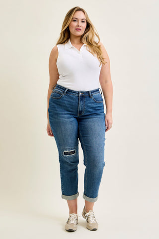 Judy Blue Mid Rise Embroidered Repair Patch Boyfriend Denim Jeans 881071