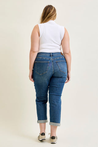 Judy Blue Mid Rise Embroidered Repair Patch Boyfriend Denim Jeans 881071