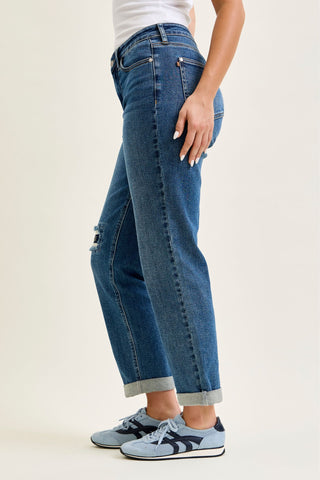 Judy Blue Mid Rise Embroidered Repair Patch Boyfriend Denim Jeans 881071