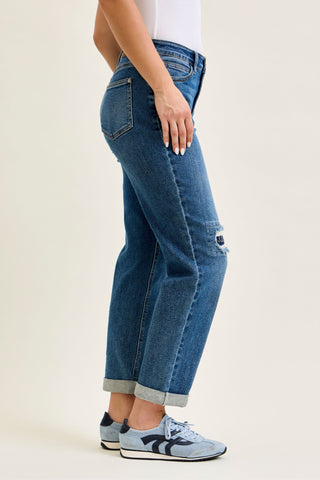 Judy Blue Mid Rise Embroidered Repair Patch Boyfriend Denim Jeans 881071