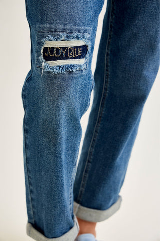 Judy Blue Mid Rise Embroidered Repair Patch Boyfriend Denim Jeans 881071