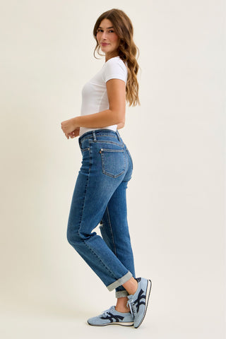 Judy Blue Mid Rise Embroidered Repair Patch Boyfriend Denim Jeans 881071