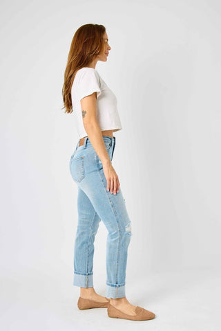 Judy Blue Mid Rise Flag Cuff Boyfriend Denim Jeans 88723