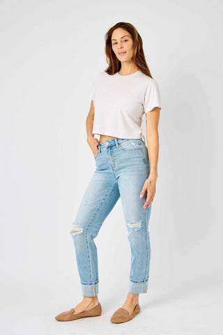 Judy Blue Mid Rise Flag Cuff Boyfriend Denim Jeans 88723