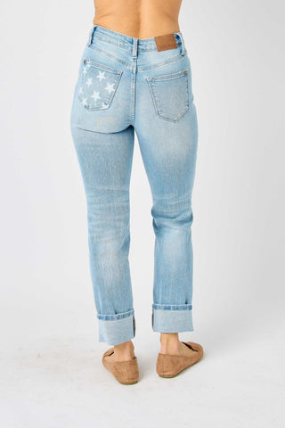 Judy Blue Mid Rise Flag Cuff Boyfriend Denim Jeans 88723
