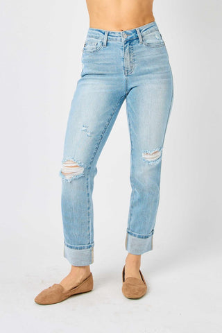 Judy Blue Mid Rise Flag Cuff Boyfriend Denim Jeans 88723