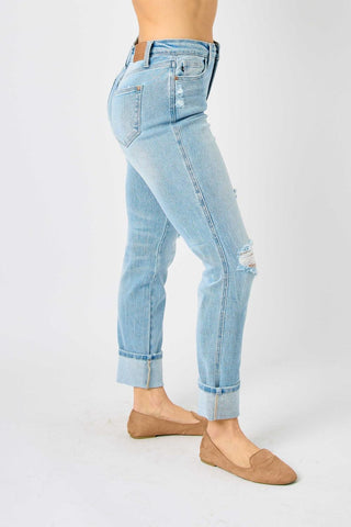 Judy Blue Mid Rise Flag Cuff Boyfriend Denim Jeans 88723