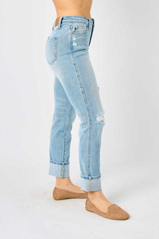 Judy Blue Mid Rise Flag Cuff Boyfriend Denim Jeans 88723