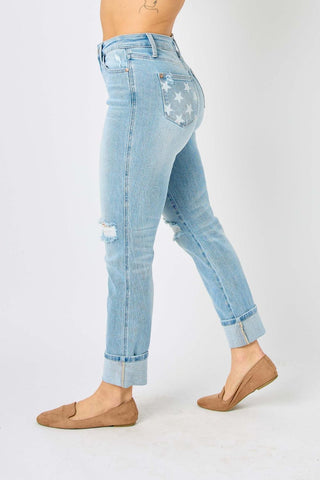 Judy Blue Mid Rise Flag Cuff Boyfriend Denim Jeans 88723