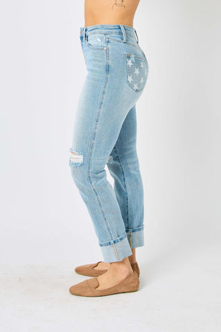 Judy Blue Mid Rise Flag Cuff Boyfriend Denim Jeans 88723