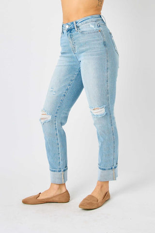 Judy Blue Mid Rise Flag Cuff Boyfriend Denim Jeans 88723