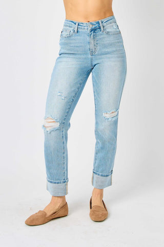 Judy Blue Mid Rise Flag Cuff Boyfriend Denim Jeans 88723