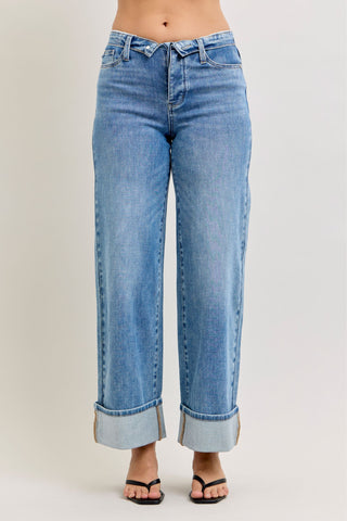 Judy Blue Mid Rise Fold Over Waistband Straight Denim Jeans 881100