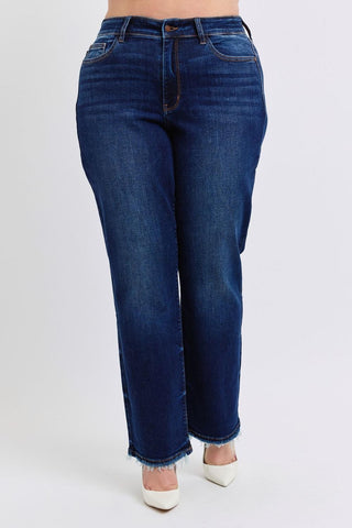 Judy Blue Mid Rise Fray Hem Straight Denim Jeans 82622