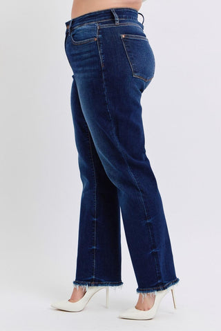Judy Blue Mid Rise Fray Hem Straight Denim Jeans 82622